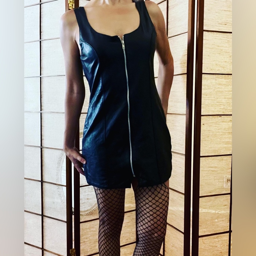 90s vintage Just Us genuine black leather sleeveless dress with front zipper